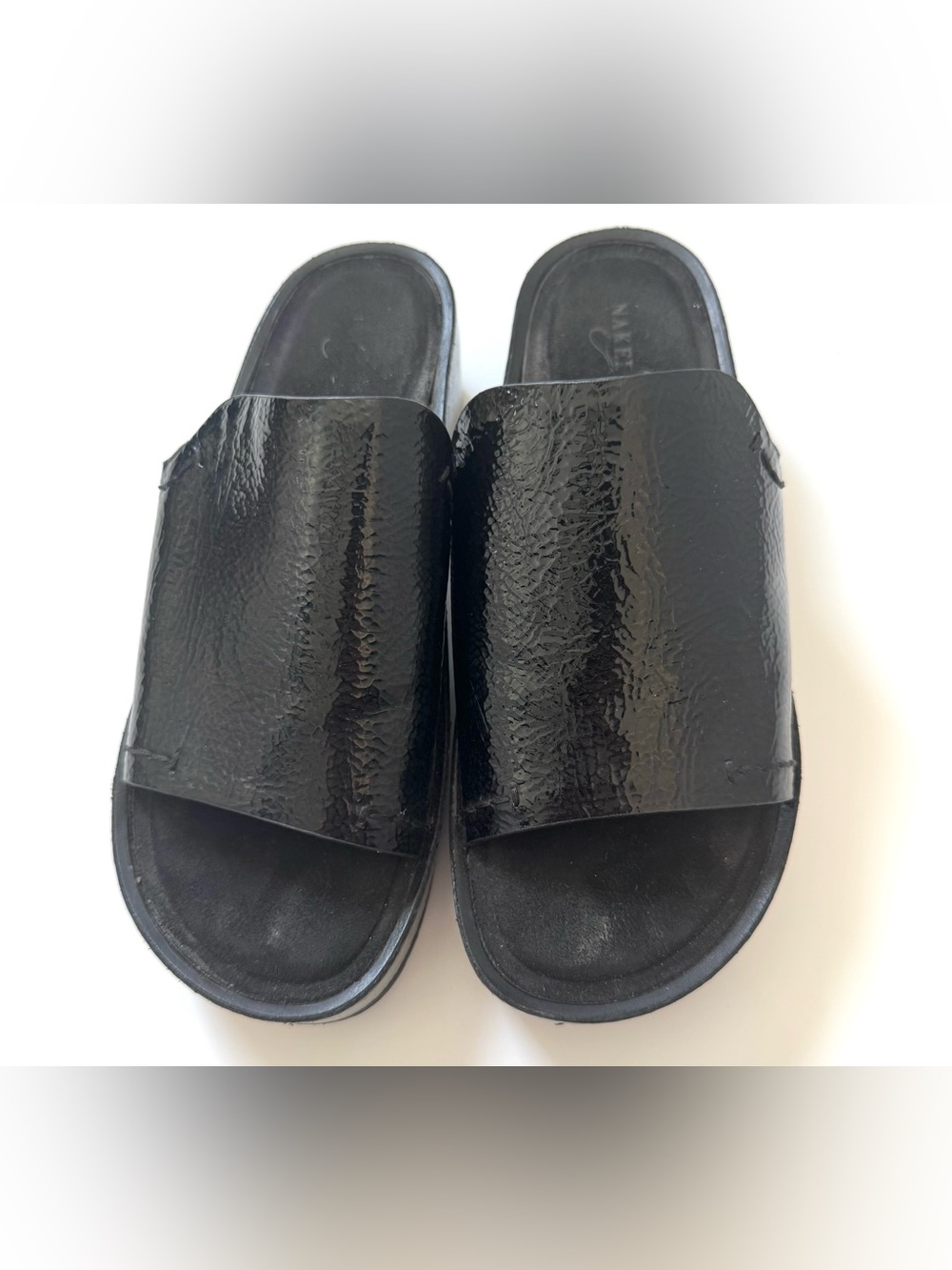 Naked Feet "Reno" Black Patent Platform Slide Sandals - Women's Size 7M
